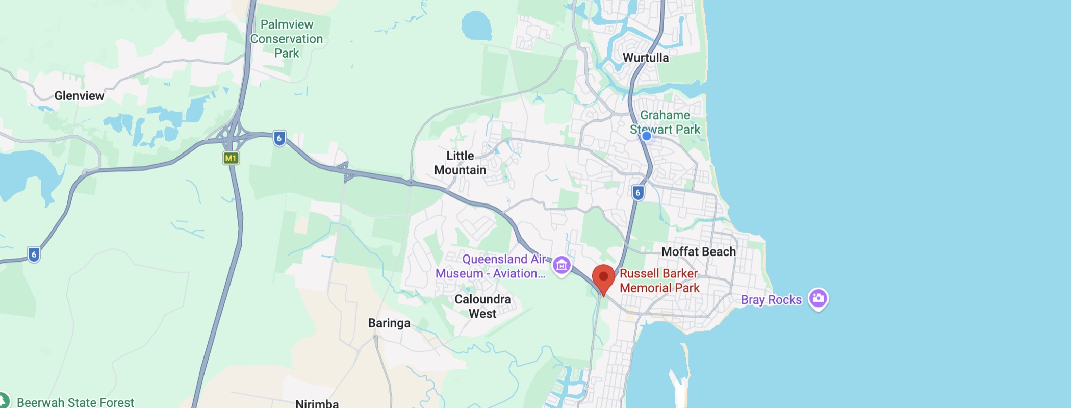 Map showing Russell Barker Memorial Park in Caloundra